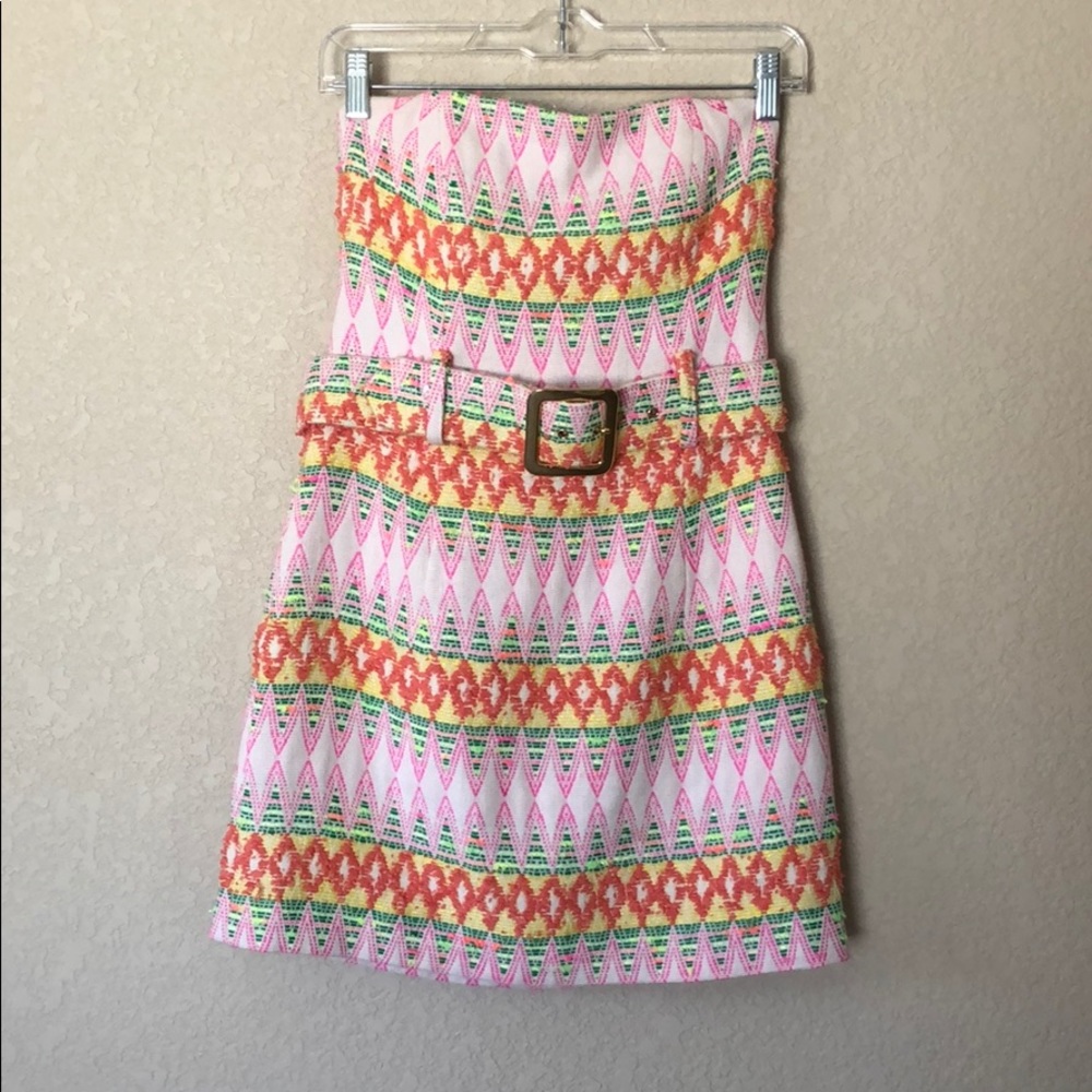 Milly strapless embroidered neon belted dress